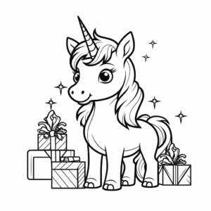 Desenho de unicórnio comemorando o natal para colorir