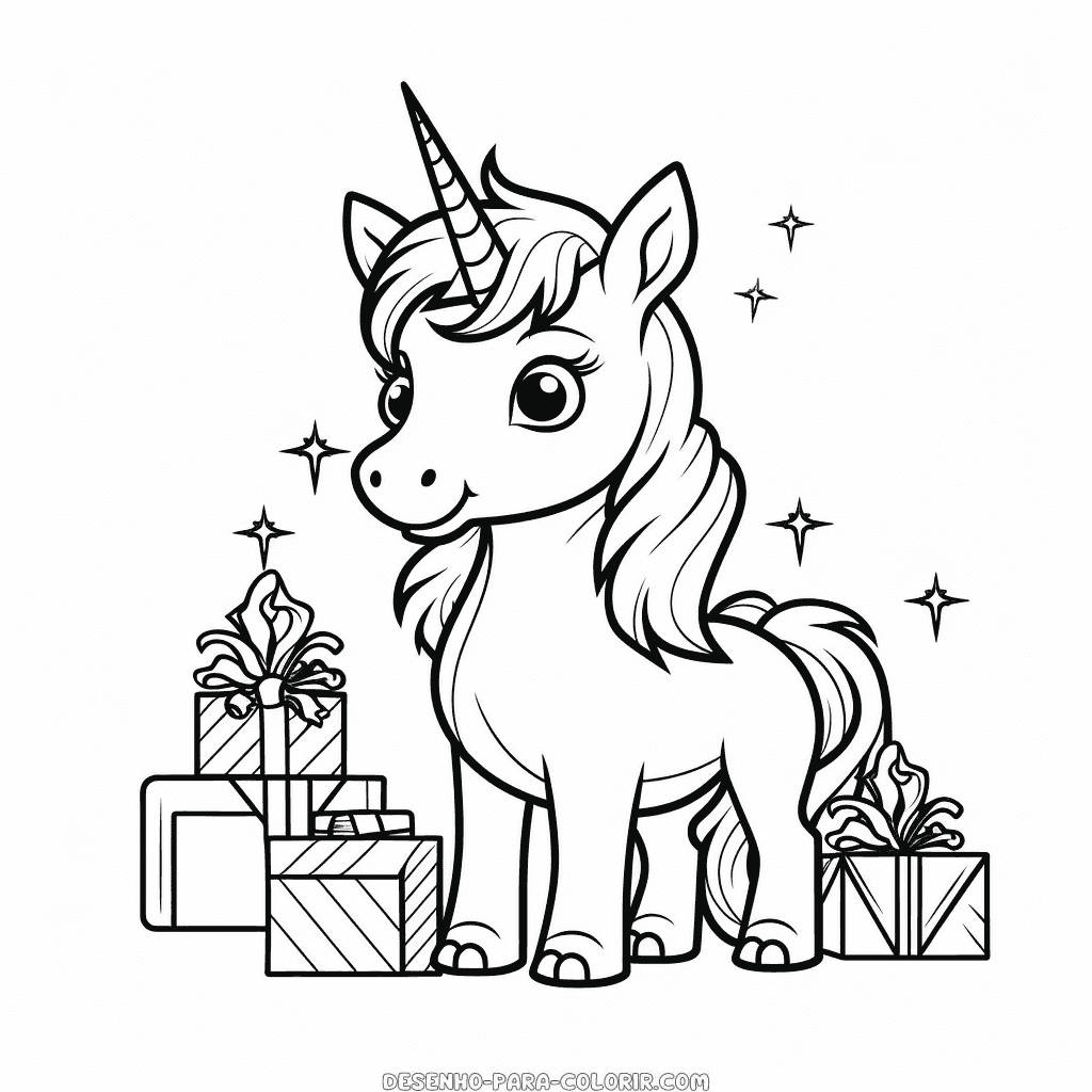 Desenho de unicórnio comemorando o natal para colorir