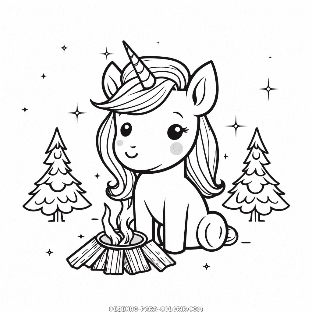 Desenho de unicórnio curtindo a fogueira para colorir