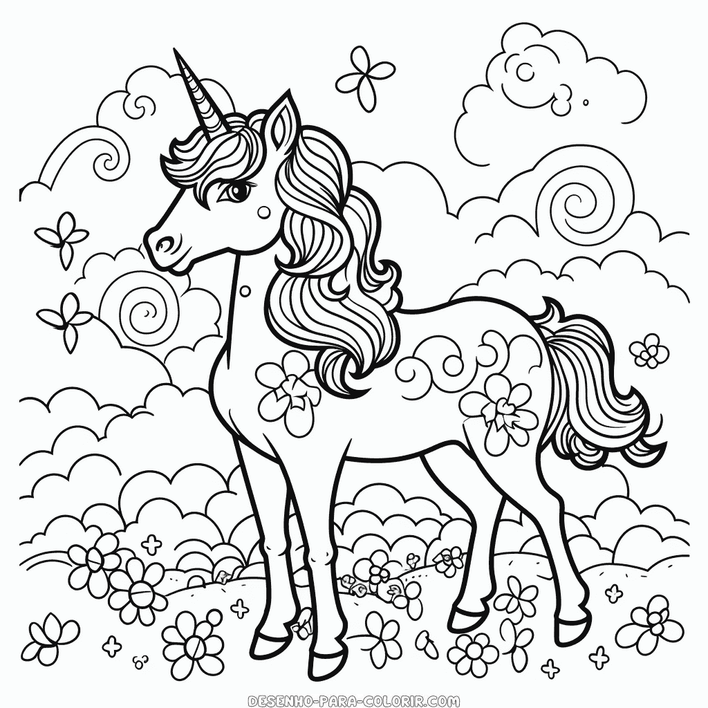 Desenho de unicórnio e arco-íris para colorir