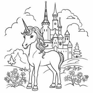 Desenho de unicórnio e castelo para colorir