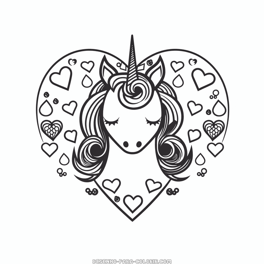 Desenho de unicórnio e corações para colorir