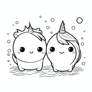 Desenho de unicórnio e narval para colorir