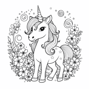 Desenho de unicórnio em um jardim de flores para colorir