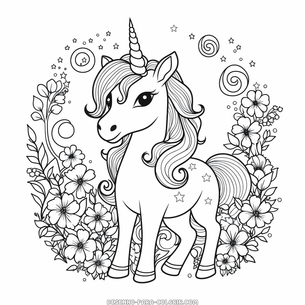 Desenho de unicórnio em um jardim de flores para colorir