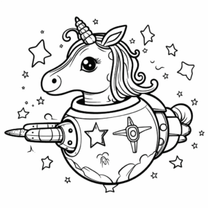 Desenho de unicórnio em uma nave espacial para colorir