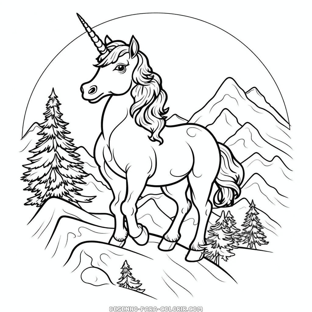 Desenho de unicórnio escalador de montanhas para colorir