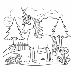 Desenho de unicórnio explorando a natureza para colorir