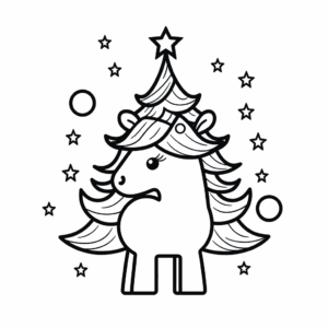Desenho de unicórnio na árvore de natal para colorir