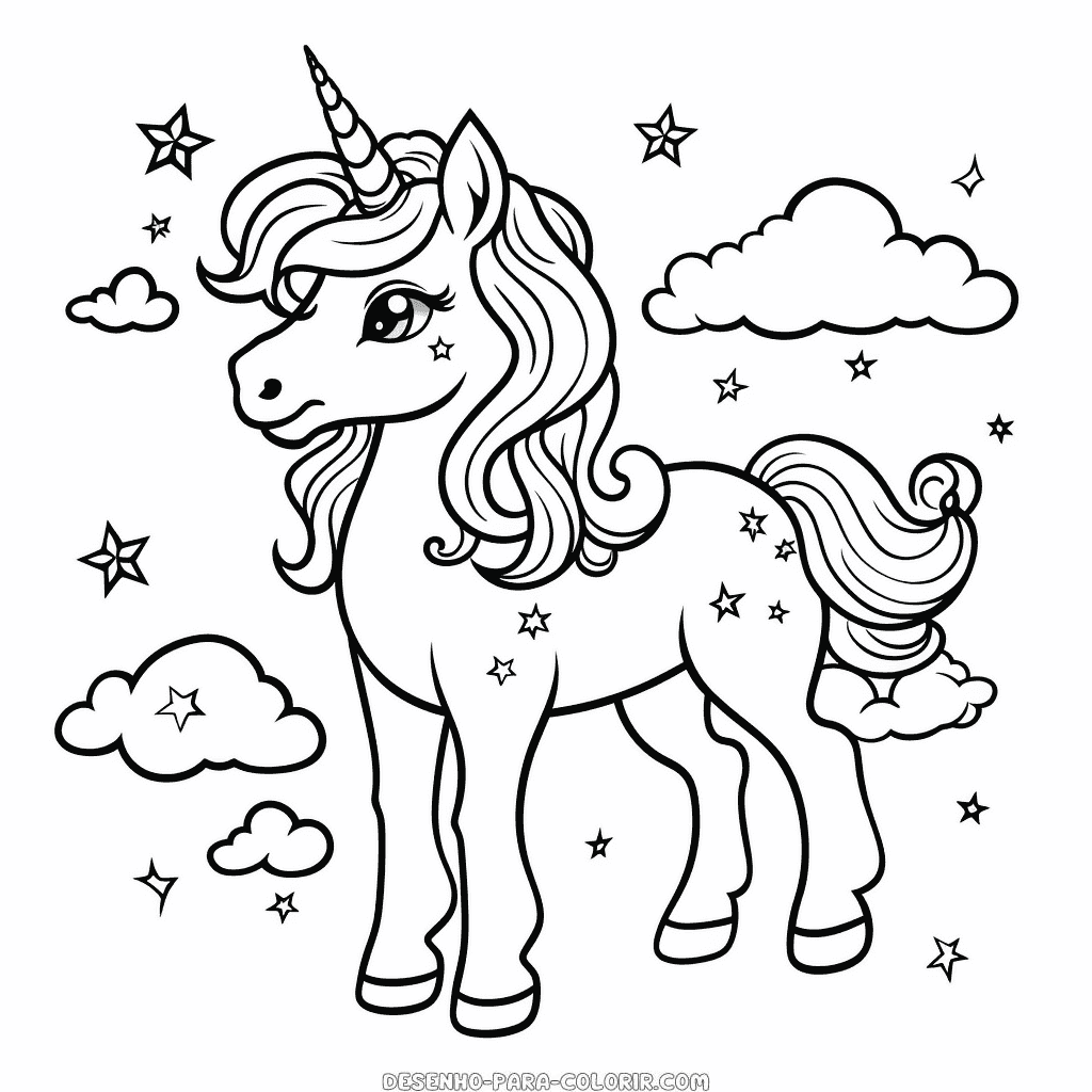 Desenho de unicórnio no céu para colorir