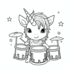 Desenho de unicórnio tocando bateria para colorir