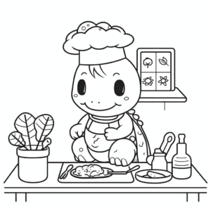 Desenho de aula de culinária com dinossauros para colorir