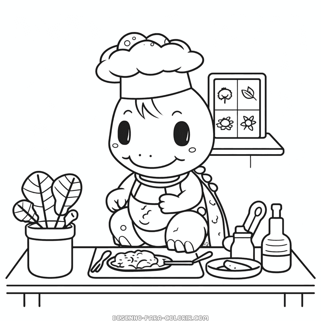 Desenho de aula de culinária com dinossauros para colorir