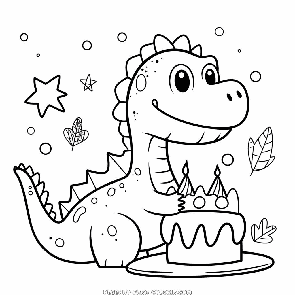 Desenho de dinossauro comemorando aniversário para colorir