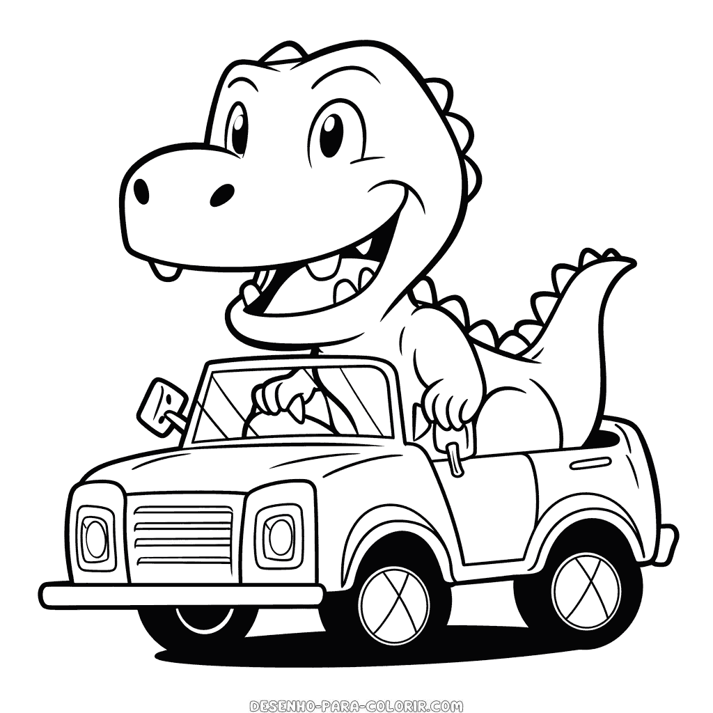 Desenho de dinossauro dirigindo um carro para colorir