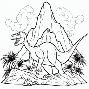 Desenho de dinossauro e vulcão para colorir