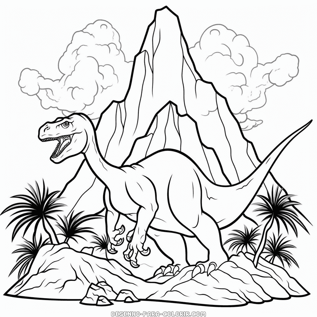 Desenho de dinossauro e vulcão para colorir