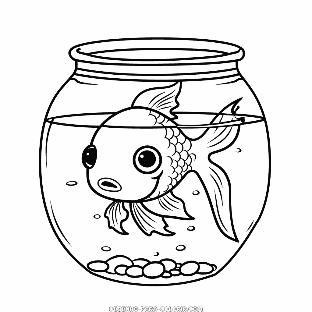 Desenho de peixinho dourado no aquário para colorir