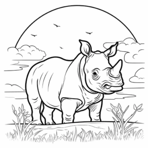 Desenho de rinoceronte ao pôr do sol para colorir