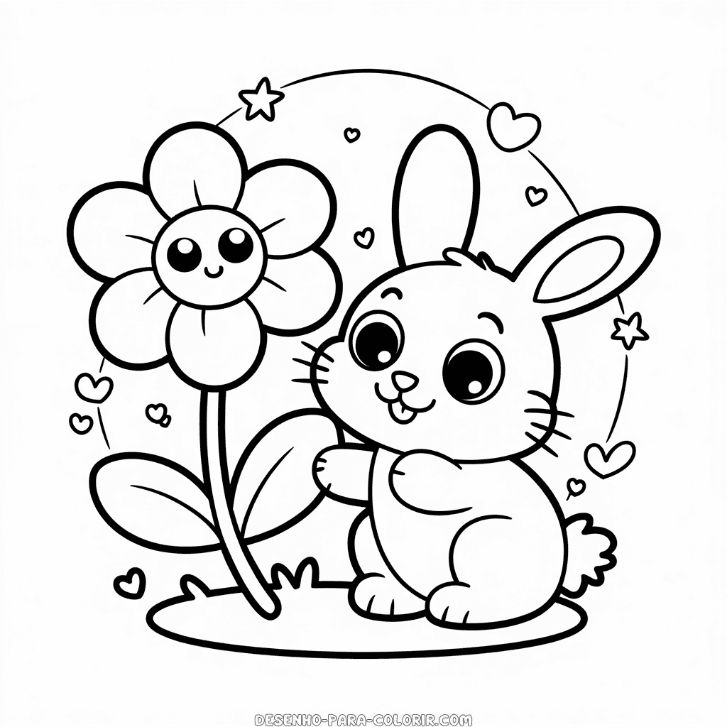 Desenho de flor e coelho para colorir
