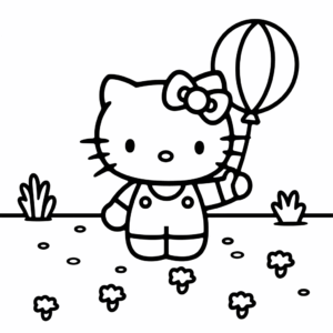 Desenho de hello kitty segurando balão para colorir