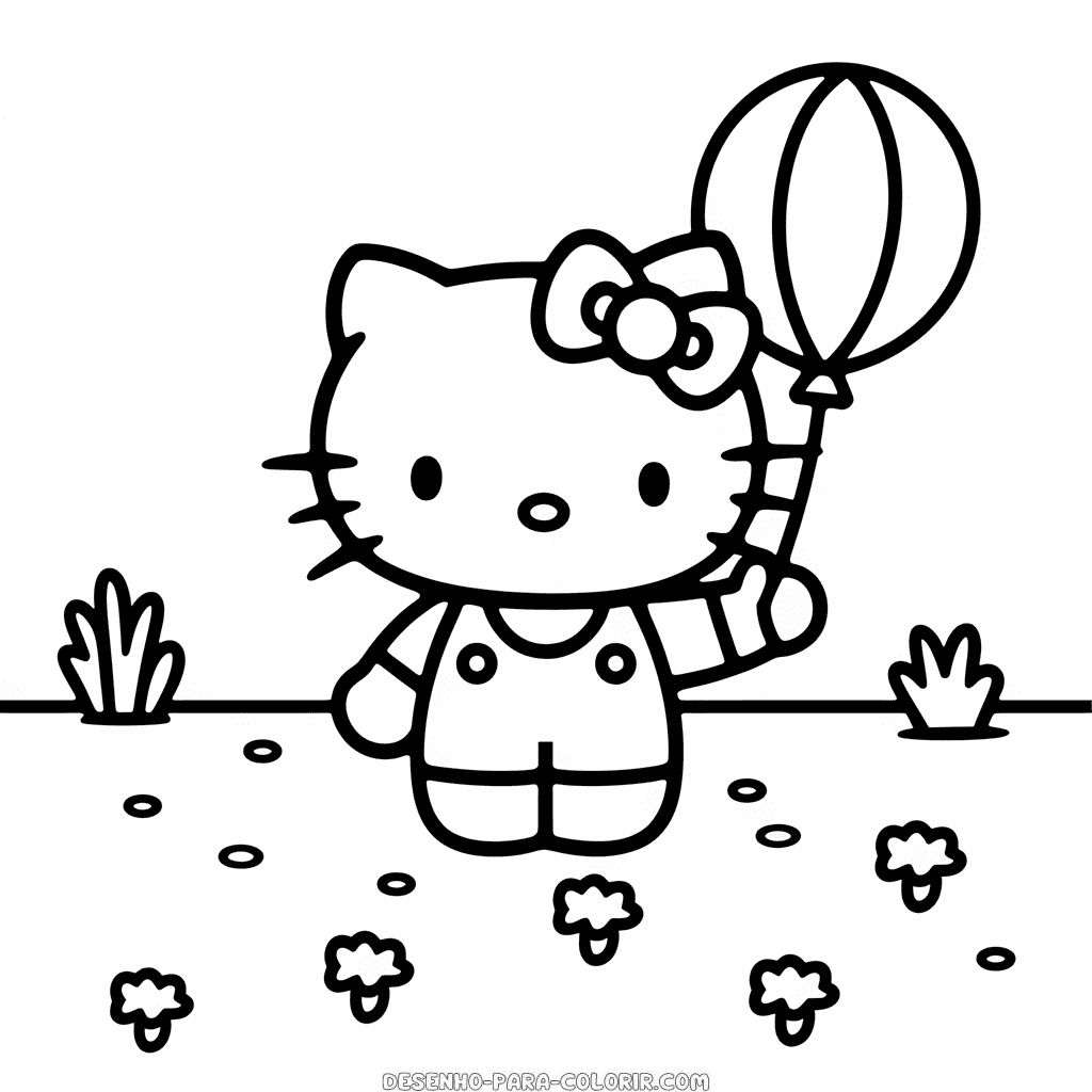 Desenho de hello kitty segurando balão para colorir