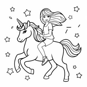 Desenho da Barbie montando um unicórnio para colorir