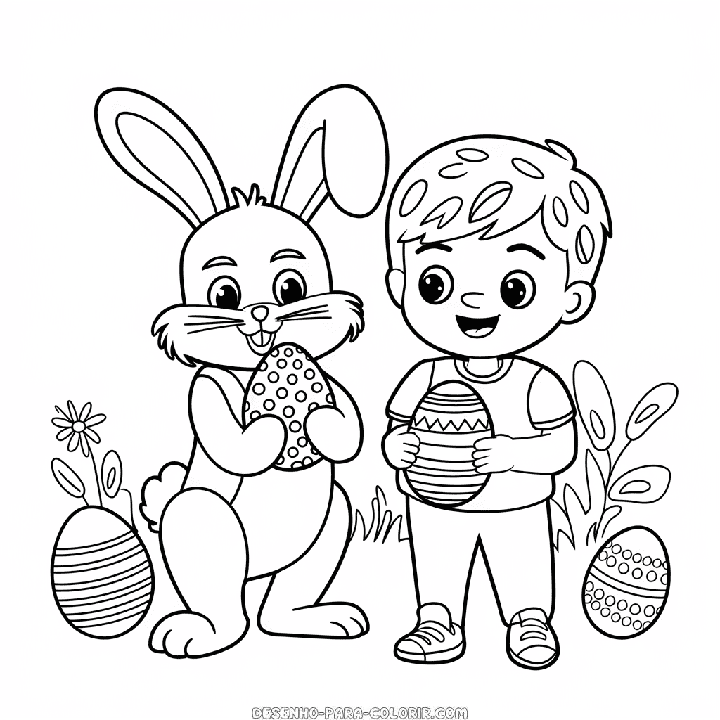 Desenho do Coelhinho da Páscoa e Criança para Colorir