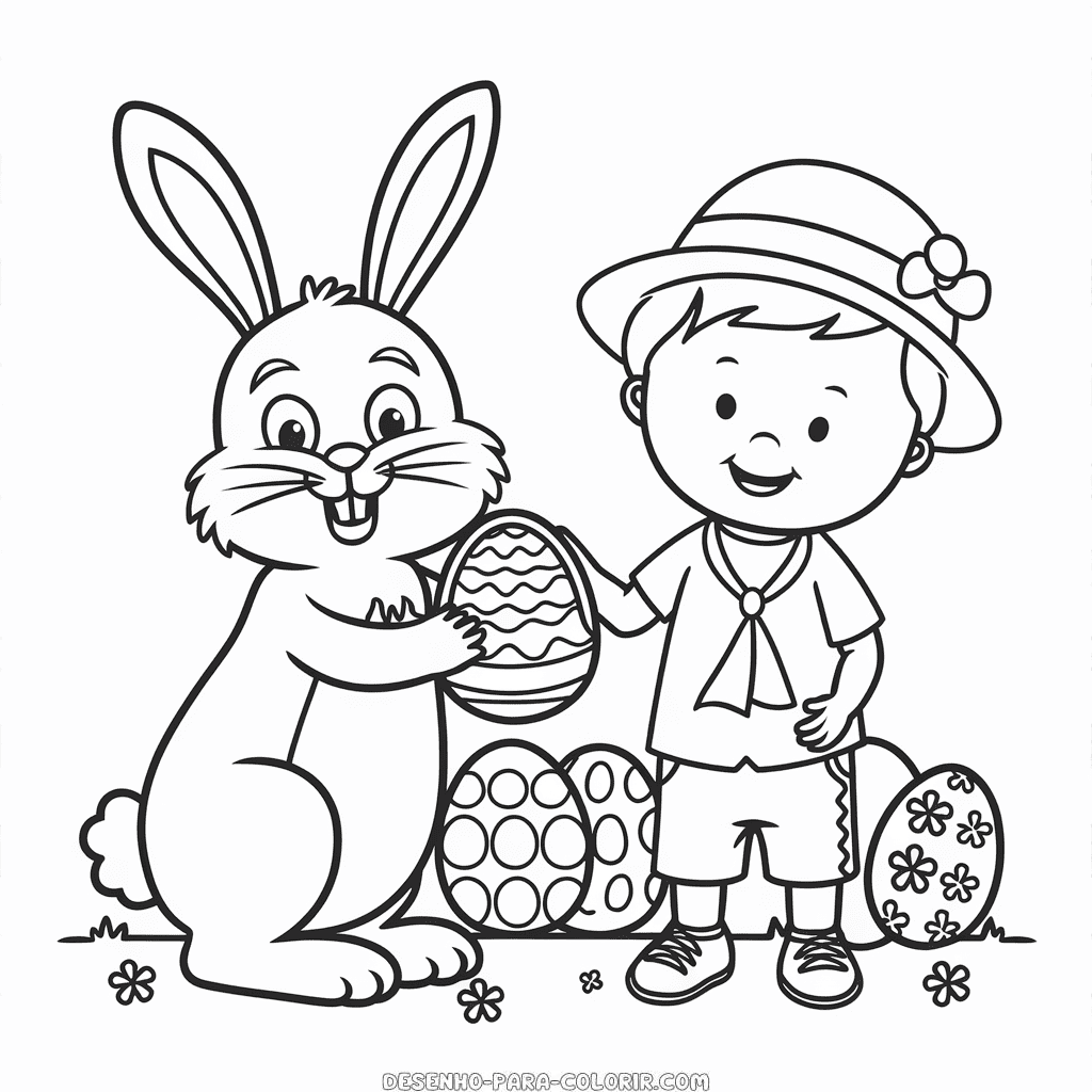 Desenho do Coelhinho da Páscoa e Criança Pequena para Colorir