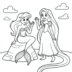 Desenho da Ariel e Rapunzel para Colorir