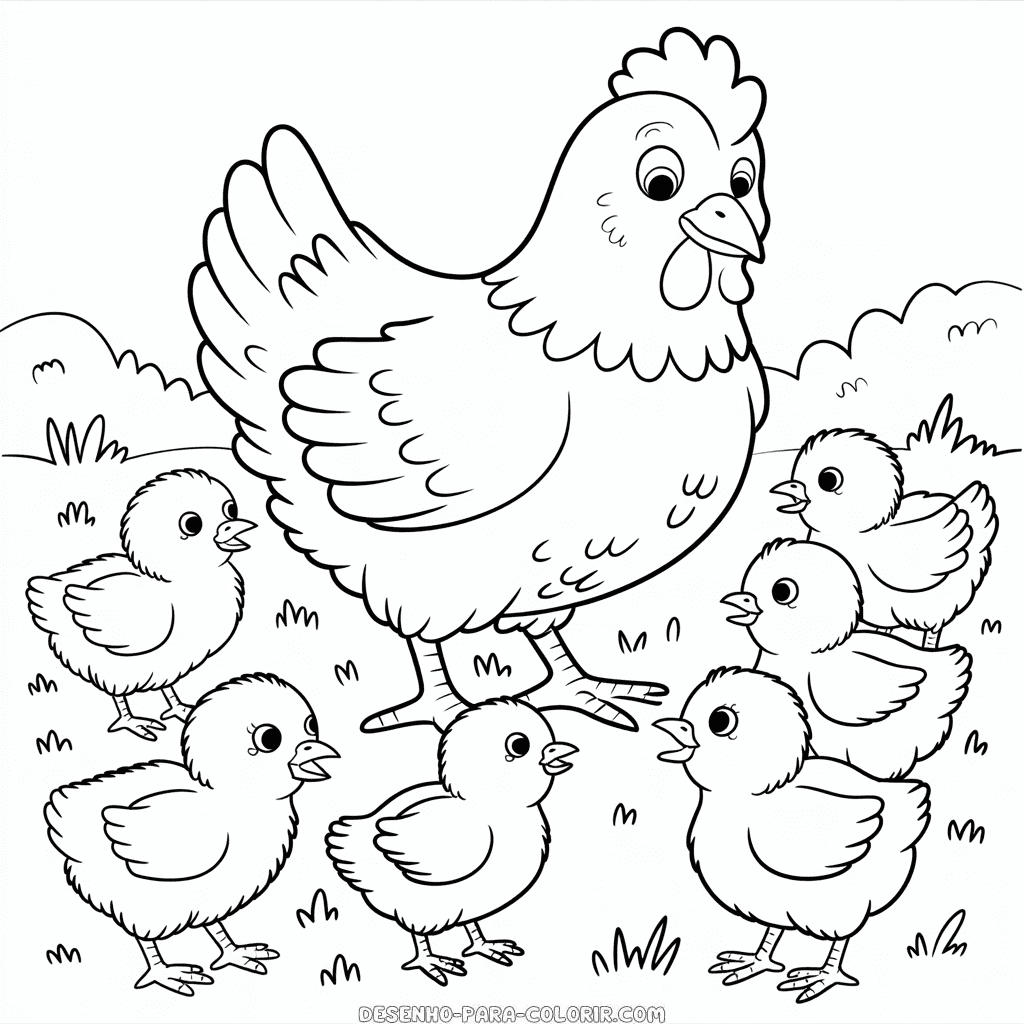 Desenho da Galinha e Pintinhos para Colorir