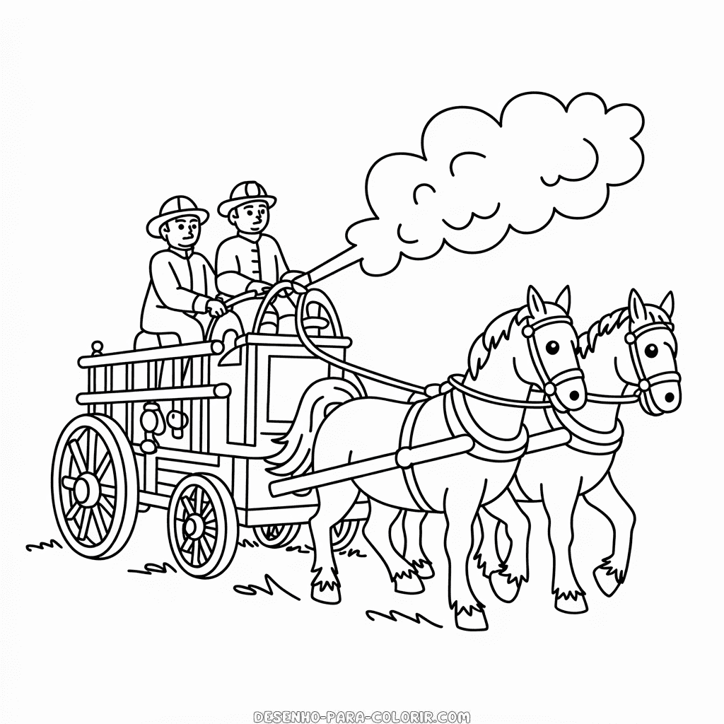 Desenho do Antigo Carro de Bombeiros Puxado por Cavalos para Colorir