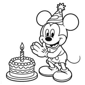 Desenho do Mickey Mouse e Bolo de Aniversário para Colorir