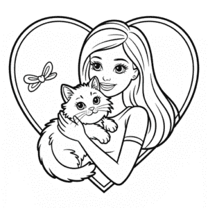 Desenho da Barbie com Gato para Colorir
