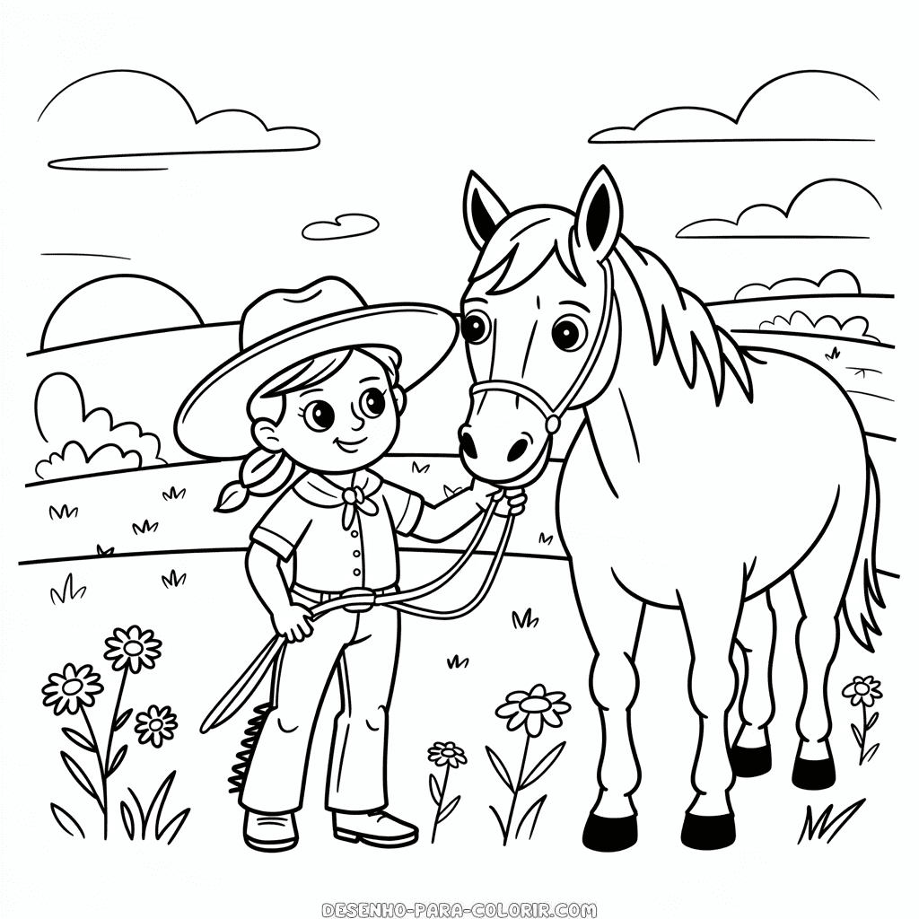 Desenho da Cowgirl e do Cavalo para Colorir