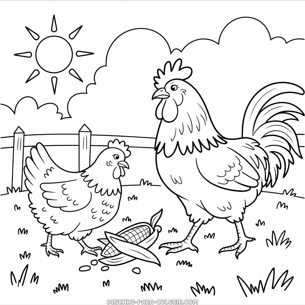 Desenho da Galinha e do Galo para Colorir