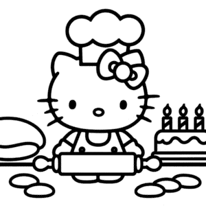 Desenho da Hello Kitty Fazendo Bolos para Colorir