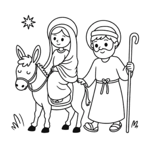 Desenho da Maria e José com Burro para Colorir