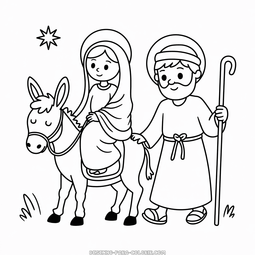 Desenho da Maria e José com Burro para Colorir