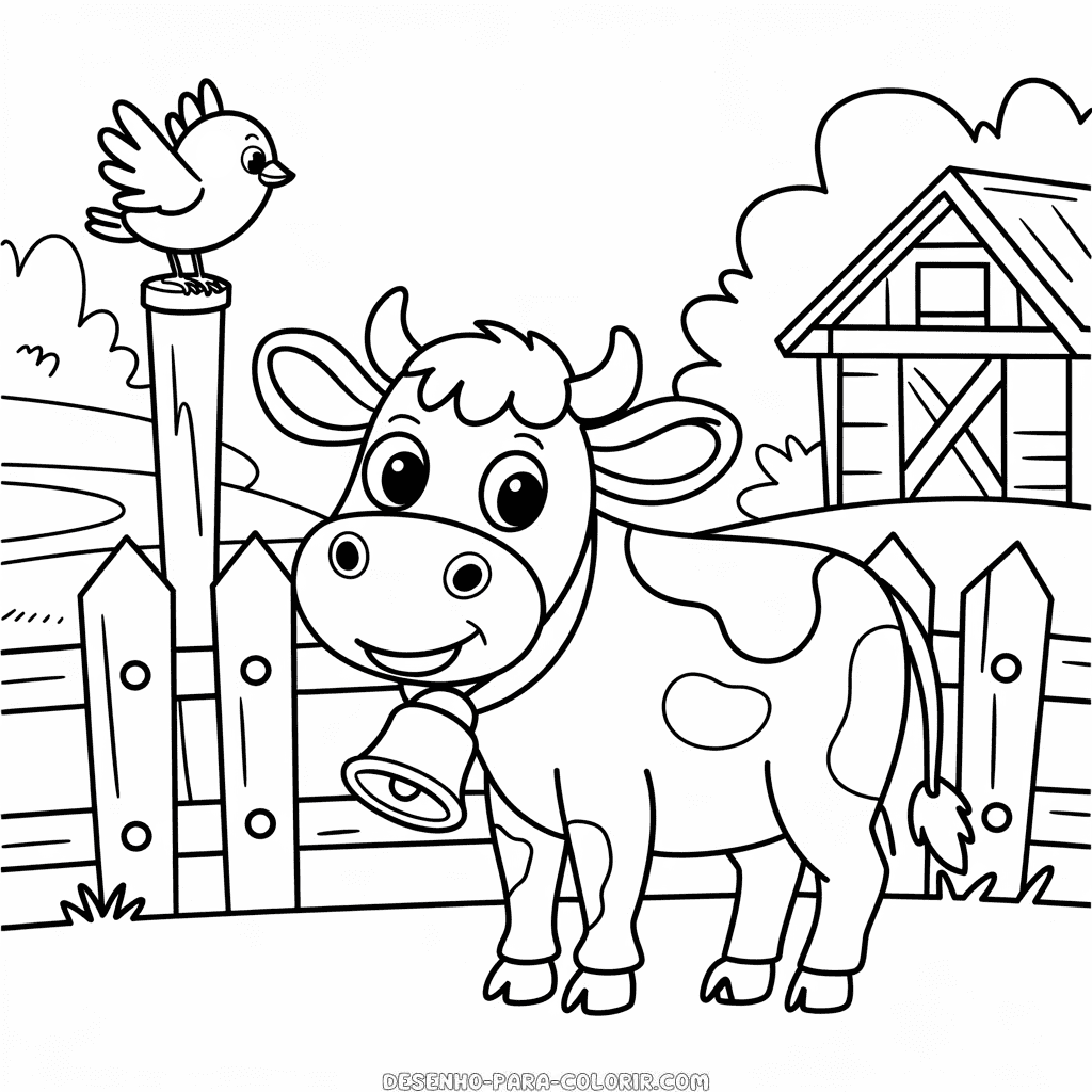 Desenho da Vaca numa Fazenda para Colorir