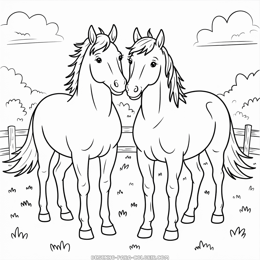 Desenho de Dois Cavalos Lado a Lado para Colorir