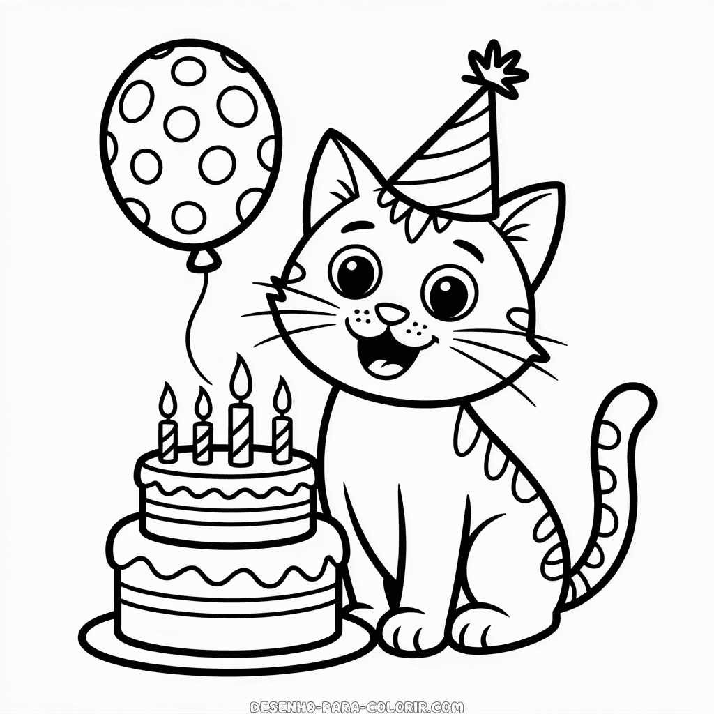 Desenho do Aniversário do Gato para Colorir