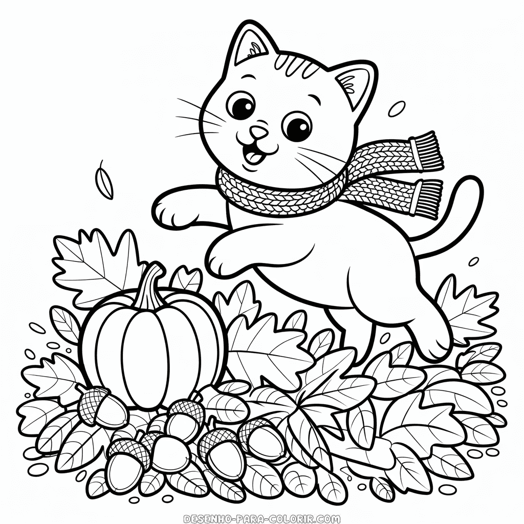 Desenho do Gato no Outono para Colorir