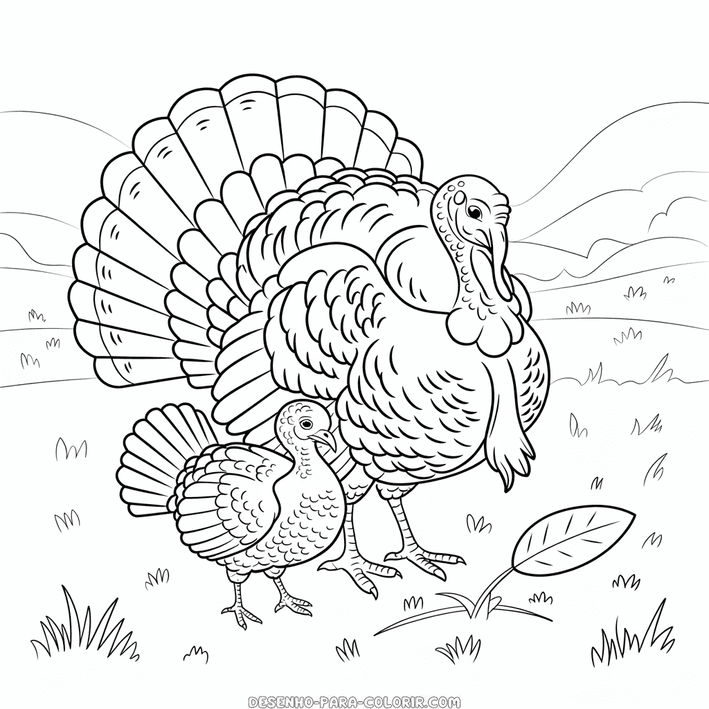 Desenho do Peru Adulto e do Filhote de Peru para Colorir