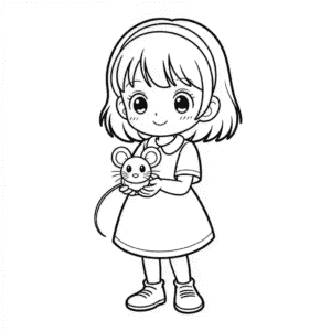 Desenho da Garota de Anime Segurando um Rato para Colorir