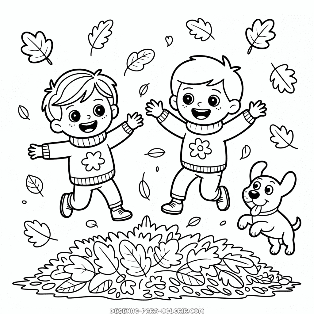 Desenho de Crianças Fofas do Outono para Colorir