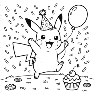 Desenho do Aniversário Feliz do Pikachu para Colorir