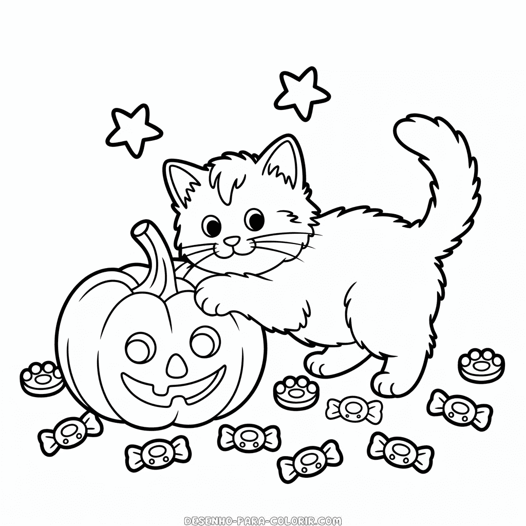 Desenho do Gato e Abóbora de Halloween para Colorir