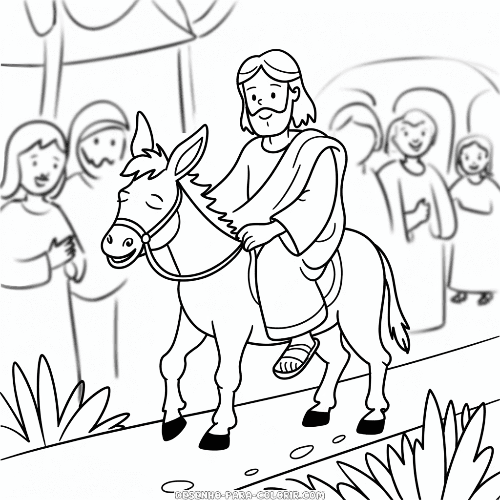 Desenho do Jesus sentado no Burro para Colorir
