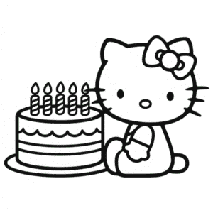 Desenho da Hello Kitty com Bolo para Colorir